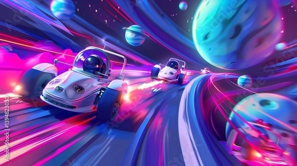 Fototapeta Racing of astronauts in space with colourful illustration 