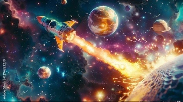 Fototapeta Spaceship soars to the stars in space illustration 