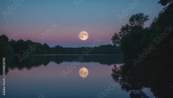 Fototapeta A calm lakeside panorama at twilight with a peaceful moon emerging in the distance, its reflection glistening on the tranquil water, surrounded by flourishing green trees under a pastel backdrop.