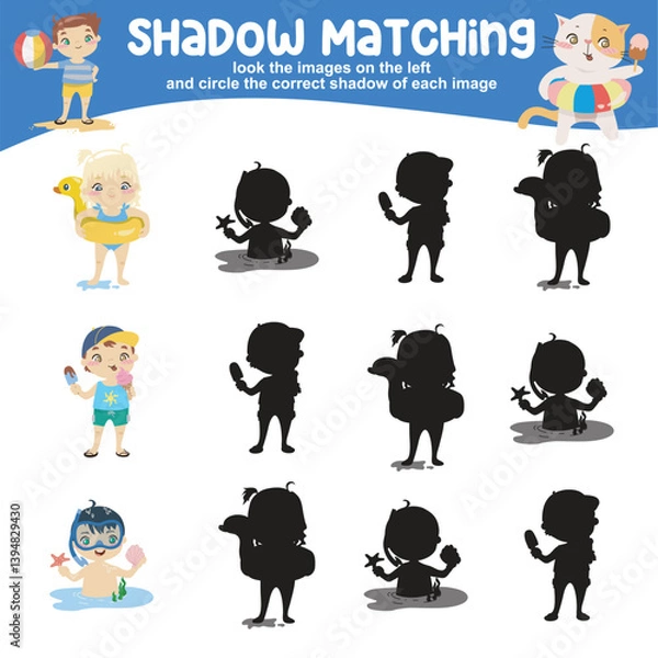 Obraz Look the image on the left and circle the correct shadow of each image. Find the correct shadow. Printable activity page for kids. 