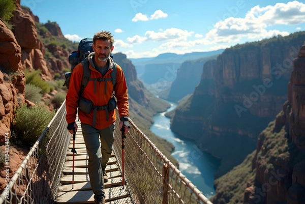 Fototapeta A confident hiker with weathered skin and a determined expression traverses a narrow suspension bridge overlooking a breathtaking canyon landscape during daytime