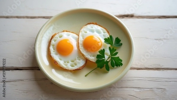 Fototapeta Top view of a plate with fried eggs on a wooden surface