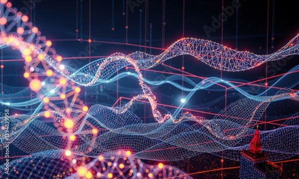 Fototapeta vibrant digital landscape showcasing interconnected lines and nodes, representing data flow and spatial visualization in technology. scene evokes sense of innovation and complexity