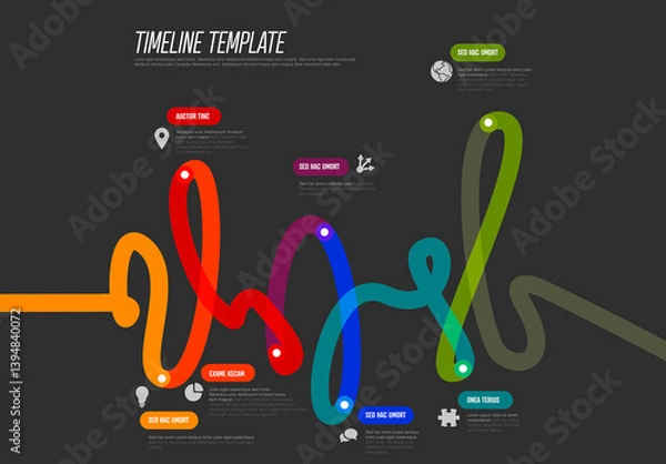 Fototapeta Colorful Infographic Timeline Template with Key Points on thick colorful time line and dark background