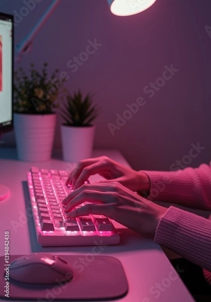 Obraz Programmer writing code on illuminated keyboard in pink light
