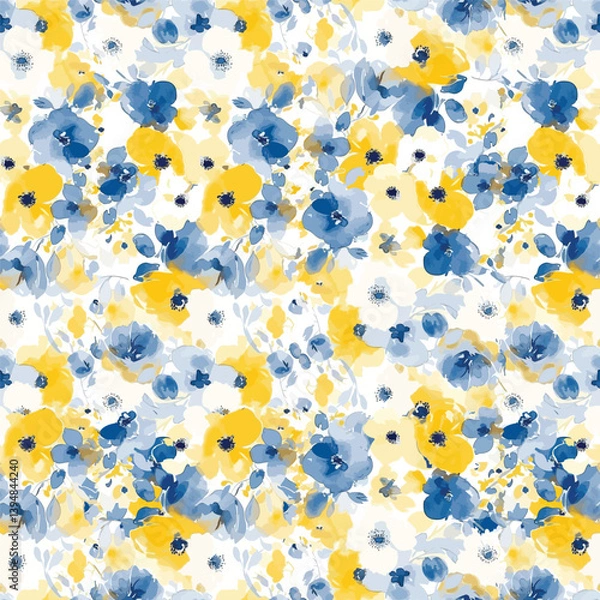 Fototapeta Delicate watercolor floral pattern in shades of blue and yellow on a white backdrop. Perfect for adding a touch of nature-inspired elegance to any project.