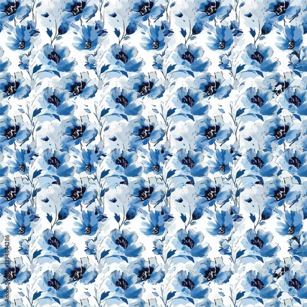 Fototapeta Elegant floral pattern featuring soft, watercolor-style blue flowers and delicate leaves on a white background. Perfect for adding a touch of serene beauty to any design.