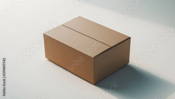 Fototapeta Top view of a single closed cardboard box on a white isolated background