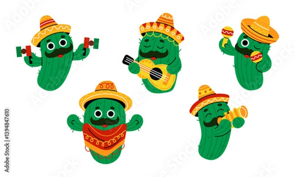 Fototapeta Set of cute cactus in sombrero with Mexican attributes flags, guitar, maracas, poncho and trumpet. Сartoon characters for Viva Mexico or cinco de mayo, traditional Latin holidays and fiesta design.