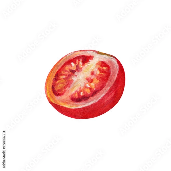 Obraz A watercolor illustration of a sliced tomato, showcasing its vibrant red color and juicy interior.