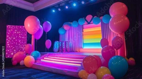 Fototapeta A birthday stage with dynamic LED lights and oversized props 