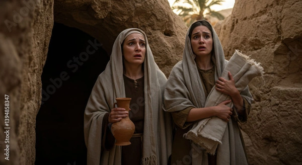 Fototapeta Women at Jesus Tomb Surprised. Biblical easter story scene of two women finding empty tomb. Religious easter history background resource for easter card and poster.