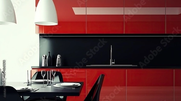 Fototapeta High-end dining space with glossy red cabinetry, dark furniture, and minimalist decor.