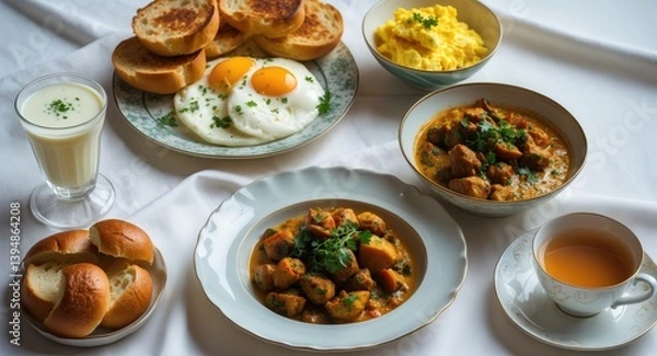 Fototapeta Intimate view of a bright and filling breakfast layout, presenting a variety of scrumptious dishes.