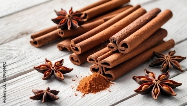 Fototapeta Ceylon cinnamon sticks accompanied by anise on a wooden textured surface. Spicy flavor for desserts, baking, and beverages. Fragrant ground cinnamon. Text area. Copy space.