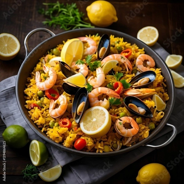 Obraz Spanish paella with seafood and lemon wedges, close-up shot" – A colorful close-up shot of a traditional Spanish seafood paella, garnished with fresh lemon wedges