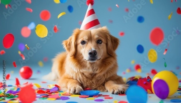 Obraz Sweet dog reveling at a celebration with confetti and a festive hat