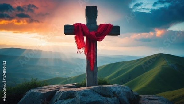 Obraz dramatic sky featuring a cross with red cloth