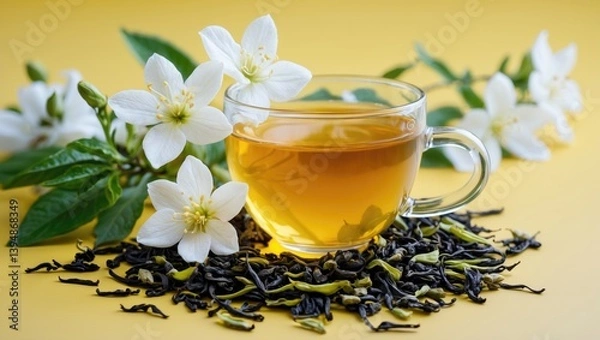Fototapeta Jasmine tea cup adorned with flowers