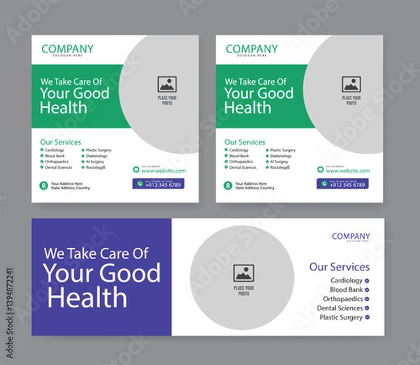 Fototapeta Healthcare social media post design bundle. Medical healthcare web banner template. Your health is our priority flyer design template
