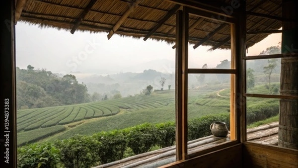 Fototapeta Scenic view of lush tea plantations through a rustic window.