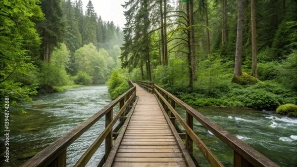 Fototapeta Wooden bridge through lush greenery beside a serene river.