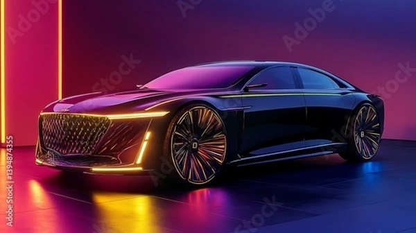 Fototapeta A bold luxury car with glowing highlights on its geometric body lines 
