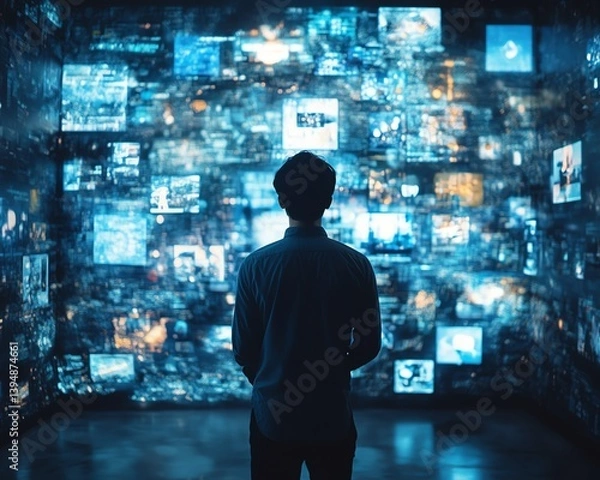 Fototapeta Man engulfed in big data and social media icons, with screens displaying photos and videos, depicting the impact of digital overload, highquality generative AI artwork