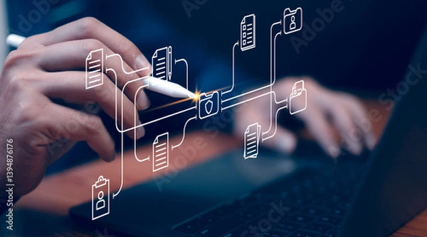 Fototapeta Document Management System concept. Online document file data software for efficient archiving. Enterprise content management, Digital asset management, Document imaging, Workflow, Records management.