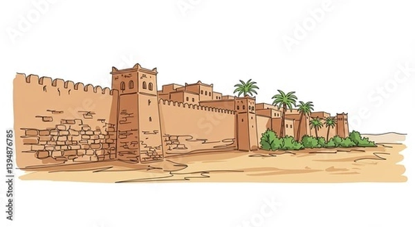 Obraz Ancient city wall surrounded by desert landscape, middle east architecture with stone buildings, palisade and palms in middle eastern biblical illustration