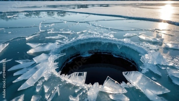 Fototapeta Opening in fragile ice on a chilly lake, abstract winter scenery image