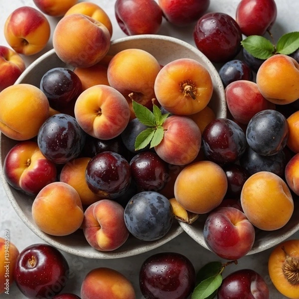 Fototapeta A bowl of mixed stone fruits including cherries, apricots, and nectarines on a white background.