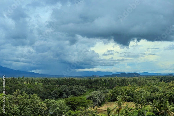 Obraz A wide-angle shot of a lush green forest valley stretching to a distant mountain range, with a dramatic sky of dark, stormy clouds overhead.
