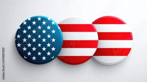 Fototapeta Three circular badges feature American flag designs, with one displaying stars and stripes against a blue background, and the others in red and white.