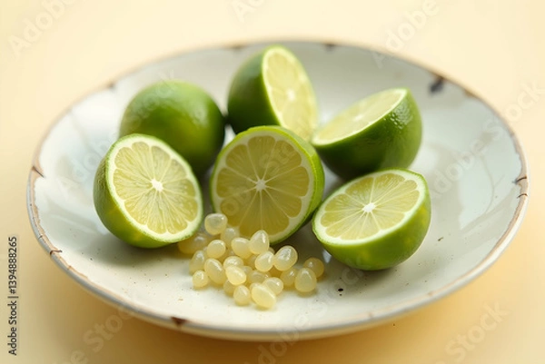 Fototapeta A Vibrant Composition of Fresh Limes and Tiny, Translucent Pearls Displayed on an Elegant Ceramic Plate, Evoking a Sense of Culinary Delight and Refreshment