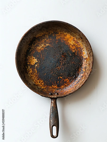 Fototapeta Heavily used well-worn metal frying pan with a scorched interior sitting atop a clean white surface.