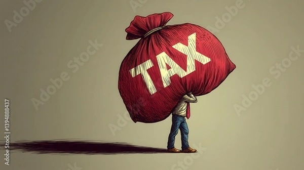 Obraz A person struggles under a large bag labeled "TAX," symbolizing the burden of taxes on individuals.