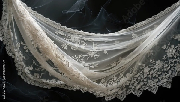 Obraz Flying white lace fabric in a curved shape, Textile piece of white lace fabric released into the air. Black background with a dark ambiance