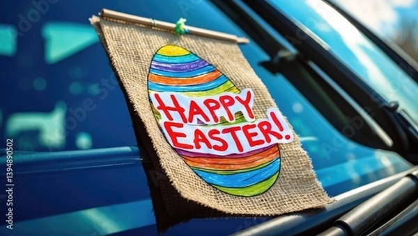 Fototapeta Easter Greetings - Note placed under a windshield wiper featuring handwritten message and a sketched egg