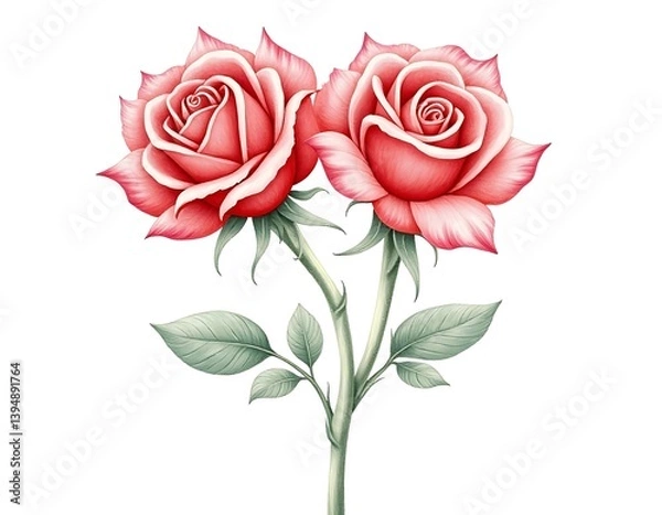 Fototapeta intertwined  two roses forming a pair with red and blush tones in color pencil