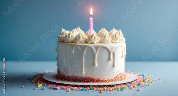Obraz Cake for celebration adorned with white drip icing, swirls of buttercream frosting, vibrant sugar sprinkles, and a single candle set on a simple blue backdrop