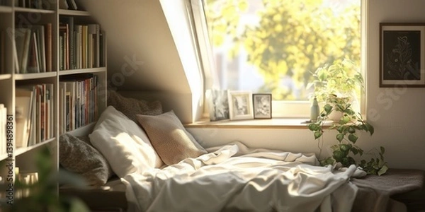 Fototapeta Stylish modern attic room with bookshelves near a sofa. Cozy living room arrangement with sitting area, soft blankets, colorful pillows and house plants.