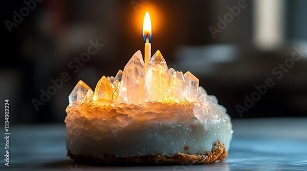 Fototapeta A cake shaped like a crystal mountain, topped with a radiant candle 