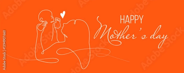 Fototapeta One line drawing greeting card for Happy Mother's Day. Vector illustration of mother holding a new born baby in oneline style on red background
