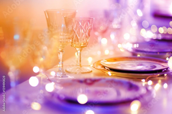 Fototapeta Beautiful table setting with crockery for a party, wedding reception or other festive event