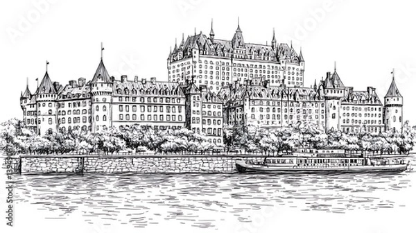 Obraz Chateau Drawing, Riverfront View