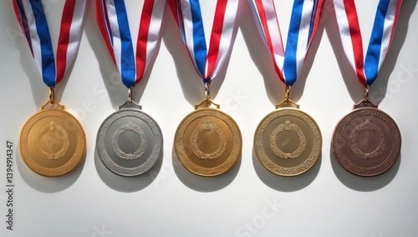 Fototapeta Display of real gold medals set against a backdrop providing plenty of text area - success copy space notion