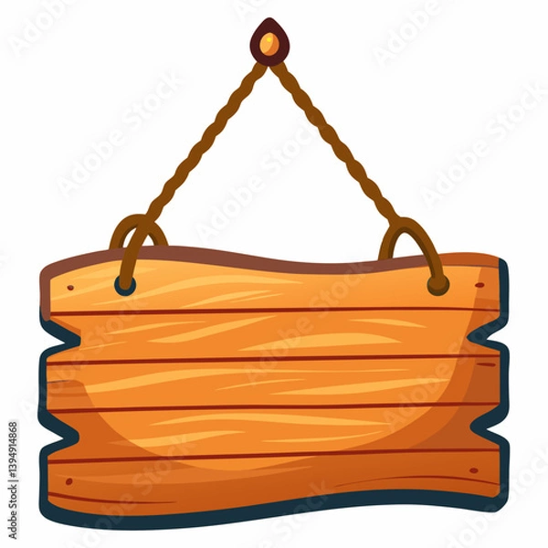 Fototapeta Wooden sign hanging from a rope, illustrated in a vector style, showcasing a rustic and natural design.