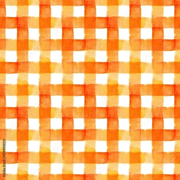 Fototapeta Vibrant orange and white checkered pattern created with watercolor technique for artistic backgrounds or textiles