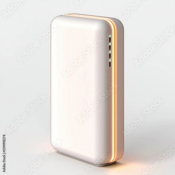 Fototapeta Hyperrealistic vertical smart modem with soft edged white body and thin glowing light strip running top to bottom, silent network design, white background